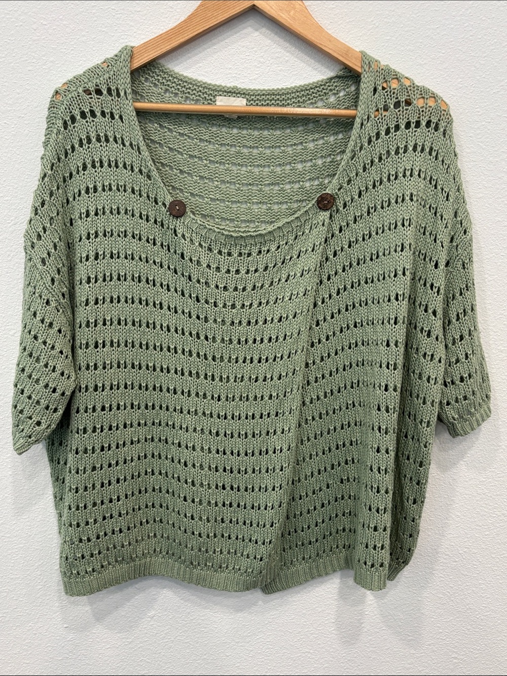 Sage Green Cotton Open Knit Crochet Sweater Top 3/4 Sleeve Boho Lightweight S/M